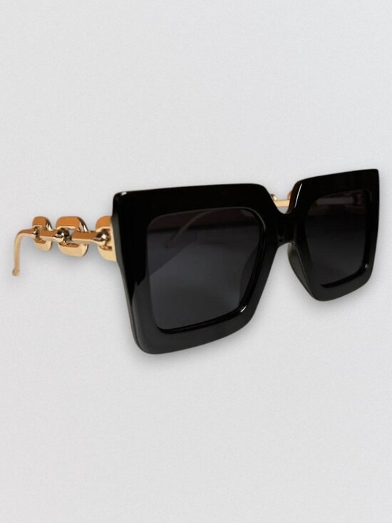Accessories - Black Gold Oversized Square Statement Sunglasses Chain Temple Fashion